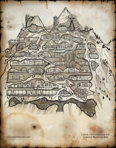 A dwarven hold cross section illustration by The Noble Artist for Warhammer Fantasy Roleplay, by Cubicle 7. Featured in the Dwarf player guide.