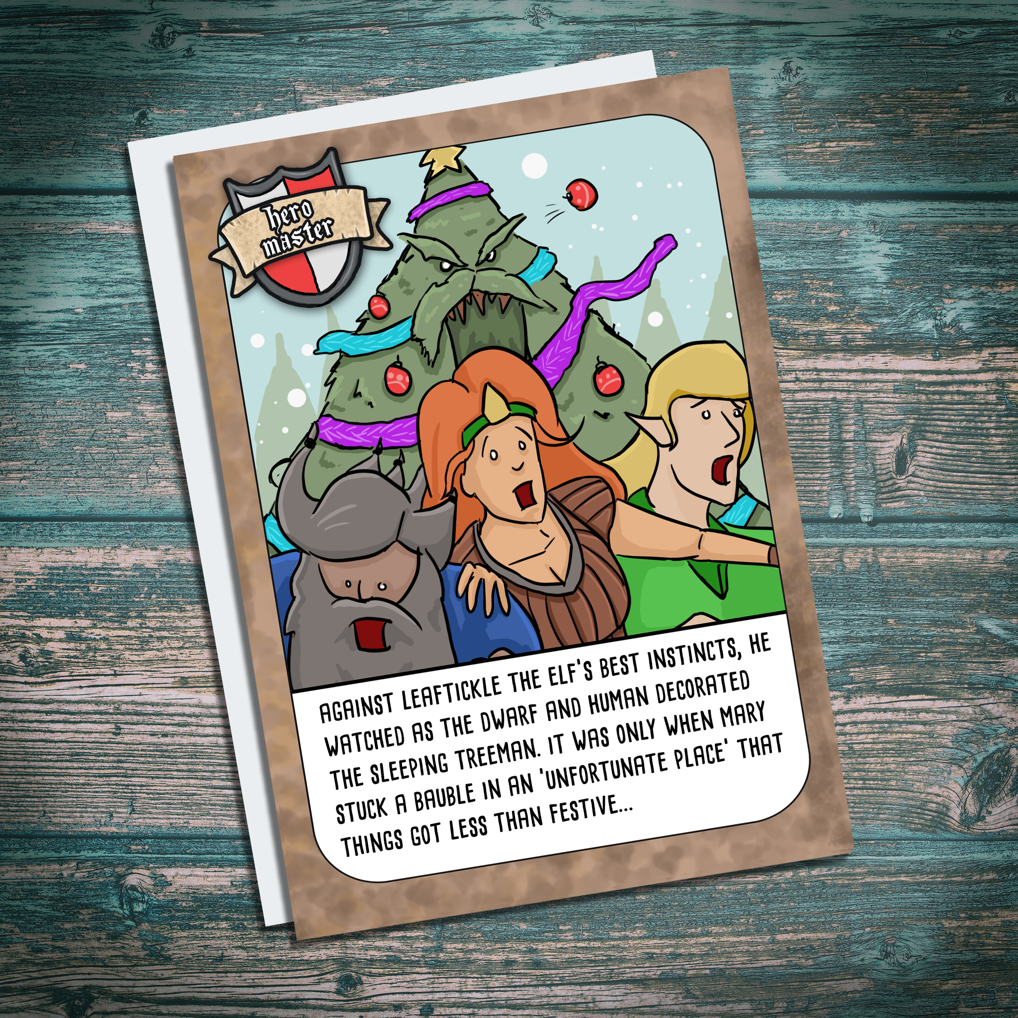 funny ent christmas card, treeman, fantasy , dwarf elf and warrior