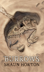 Horror book cover featuring a burrow within a T-Rex skull