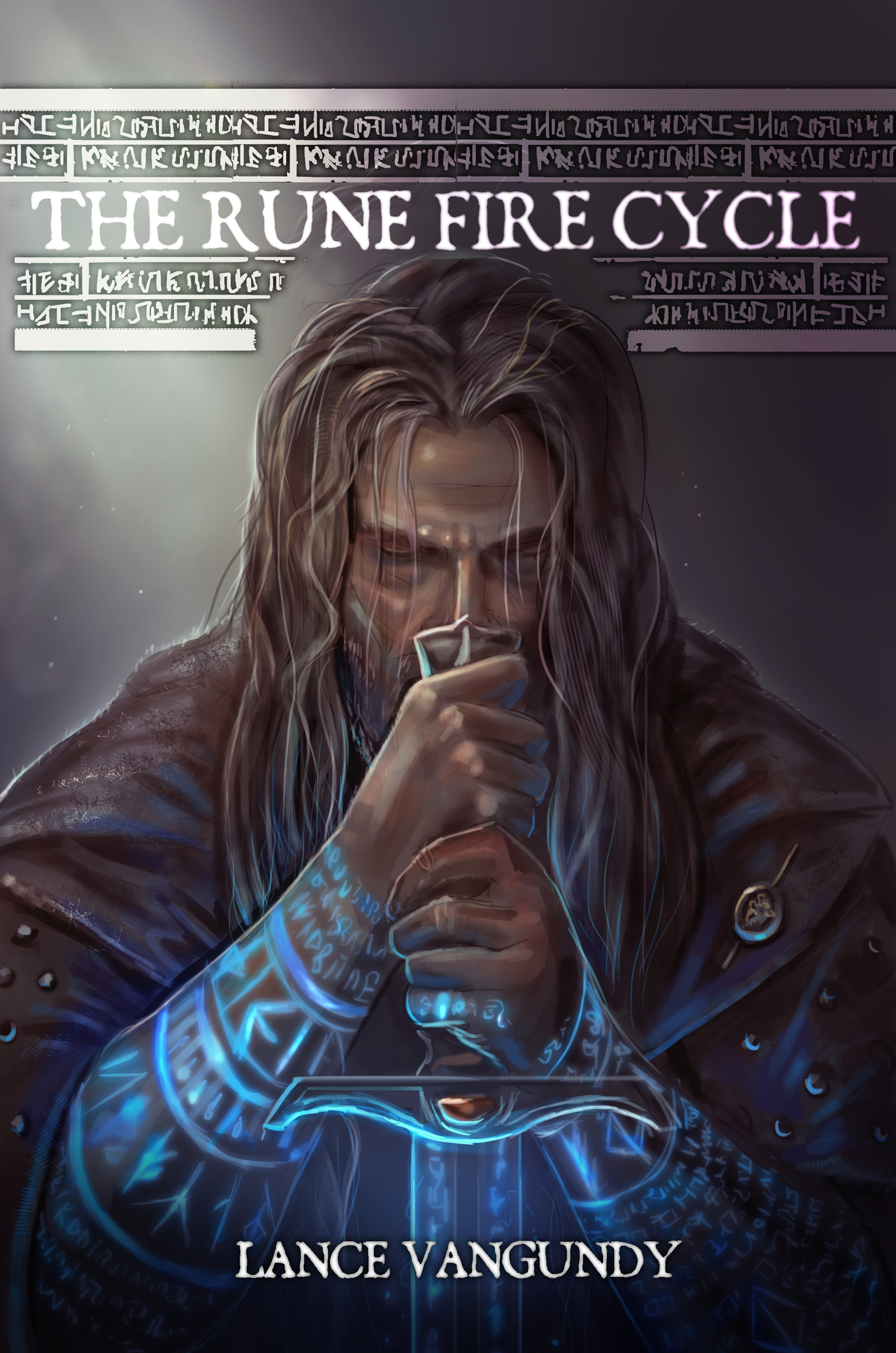 A fantasy book cover with runes and a warrior kneeling over a sword