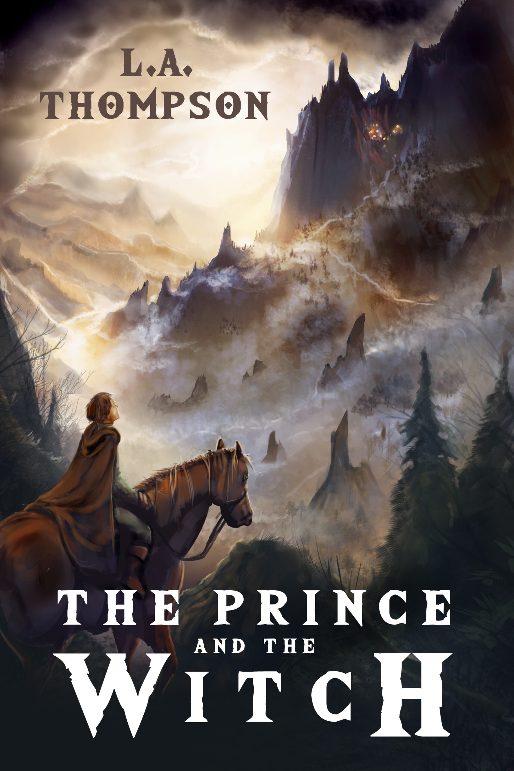 Misty mountains fantasy book cover, The Prince and the Witch. Art by The Noble Artist