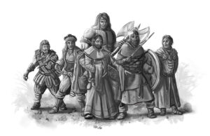 A group of fantasy heroes. Adventuring party from a fantasy ttprg like dungeons and dragons. by Jamie Noble Frier.