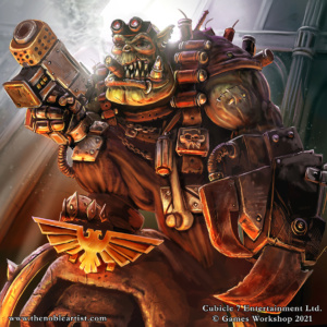 A warhammer 40k Ork Kommando captain artwork by The Noble Artist for Warhammer 40000 Roleplay, TTRPG by The Noble Artist called Wrath and Glory