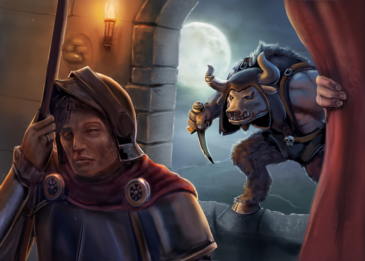 Minotaur assassin sneaking, fantasy art made by The Noble Artist for a fantasy animation. 