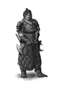 Strong female warrior, Powerful fantasy woman character art by the noble artist. In black and white.