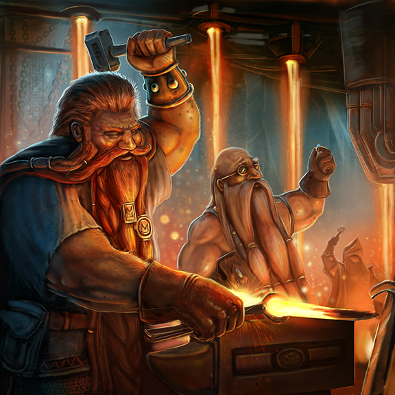 dwarf blacksmiths forging weapons. Fantasy Art by The Noble Artist