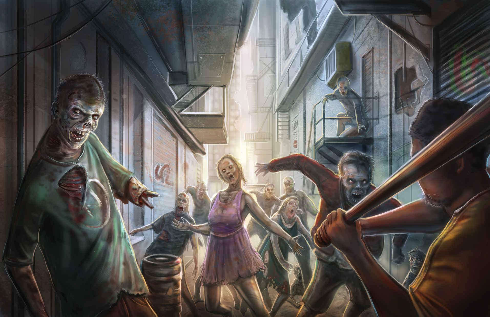 a zombie attack down a tight alleyway. Man fighting with a baseball bat. Art by the noble artist