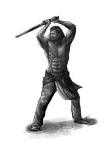 fantasy art of warrior practicing with sword for Lance Vangundy's Rune Fire Cycle