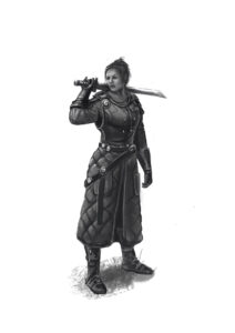 fantasy concept art in black and white of a female warrior by The Noble Artist