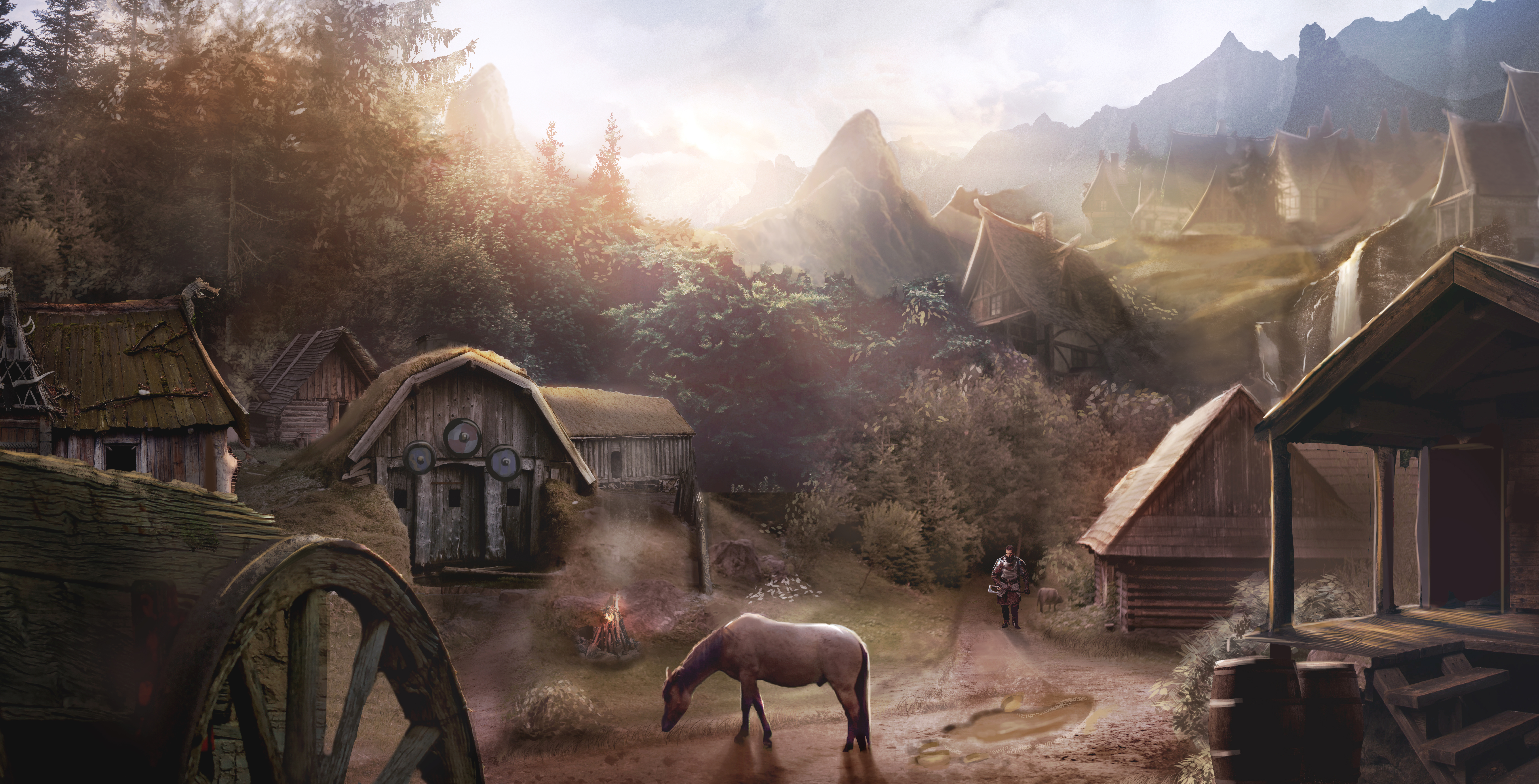 Matte painting of a viking village at sunrise by The Noble Artist