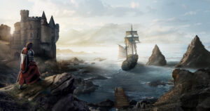 fantasy matte painting of a castle and a ship by the noble artist