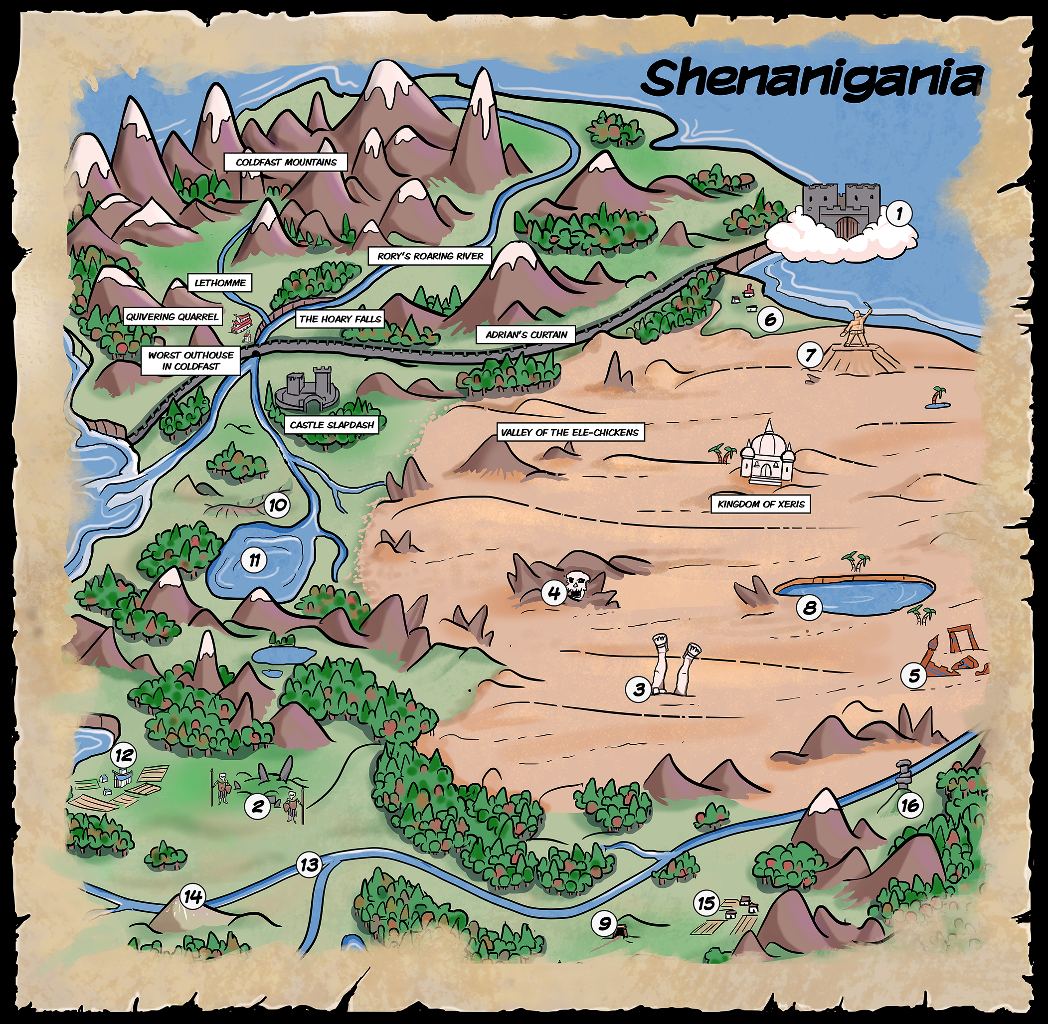Comic map for fantasy comic Baby Barbarian by The Noble Artist. Shenanigania map