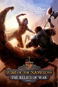 A fantasy novel cover art piece featuring a battle between fantasy creatures. Art by The noble artist