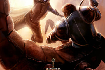 A fantasy novel cover art piece featuring a battle between fantasy creatures. Art by The noble artist