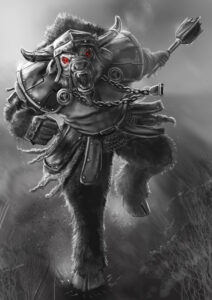 A charging minotaur with red eyes, black and white art by the noble artist