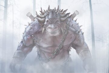 dragon warrior in mist, scary fantasy monster by the noble artist