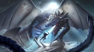 A Blue ice dragon blows a frosty blast at a dragon warrior charging. Book cover art by the noble artist