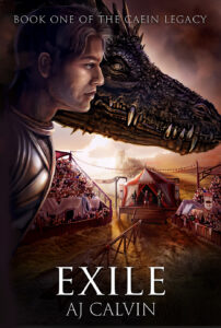 Exile book cover. A fantasy art work by the noble artist. Black dragon at a joust with knights