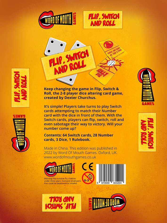 Game box rear for tabletop game Flip Switch and Roll. Art and graphic design by The Noble Artist
