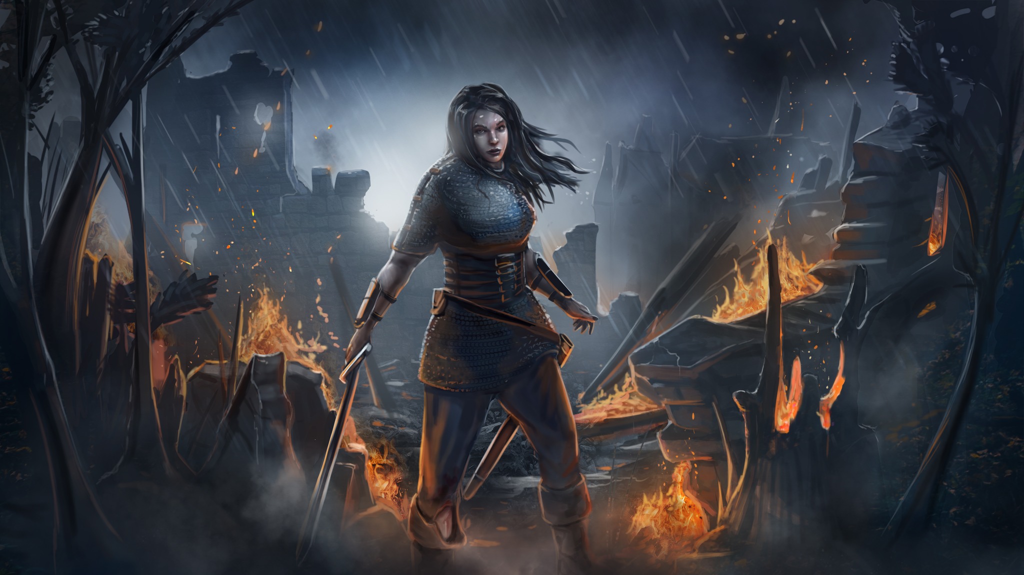 A fantasy artwork of a woman standing surrounded by fire, sword in her hand. She has magic she doesn't quite understand.