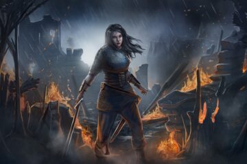 Epic fantasy art of strong female character by The Noble Artist, warrior wizard causing destruction in a keep