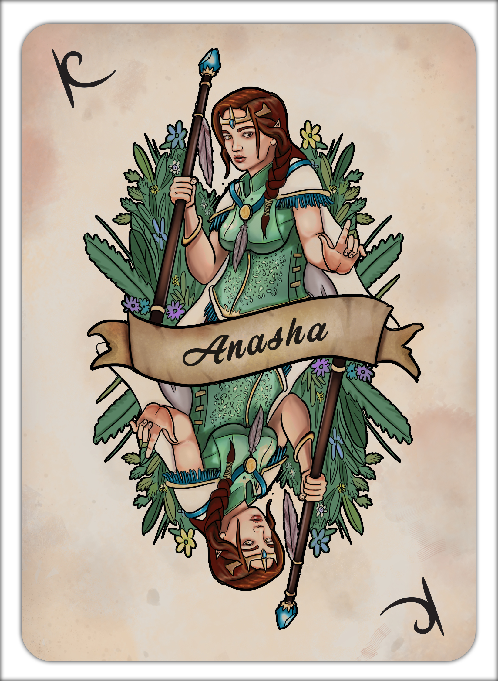 Fantasy art commission in an art nouveau style playing card by The Noble Artist. Elf character illustration