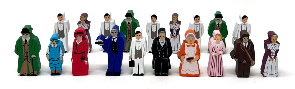 Meeples to be used with the board game Obsession. Designed by The Noble Artist, available from Meeplesource. Downton Abbey vibes