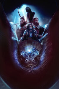 An adventuring party of fantasy heroes pose with a giant snake on this fantasy book cover. By The Noble Artist