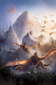 Hundreds of dragon riders flying out of a mountain stronghold. Fantasy dragon art by the noble artist