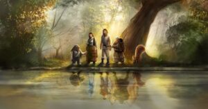 fantasy characters standing by a lake. SFF art by The Noble Artist