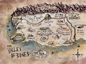 Valley of Bones fantasy ttrpg map by The noble Artist. For Legendary Kingdoms choose your own adventure series