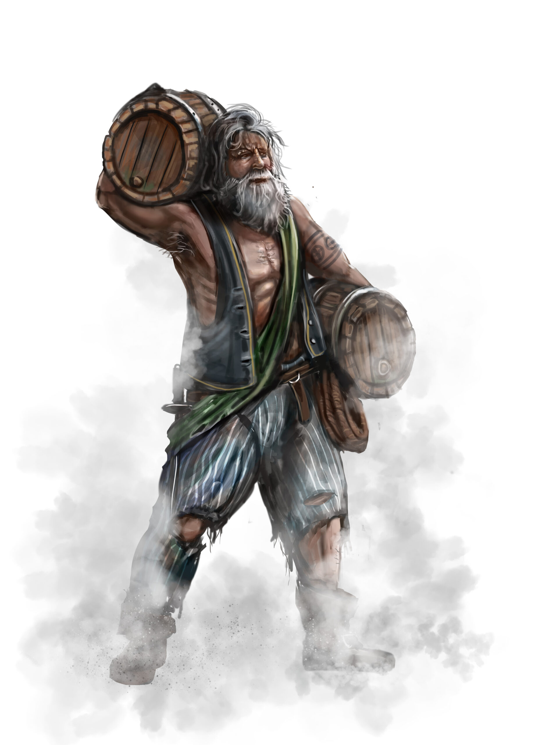 Male pirate with barrels, old pirate. Character art by board game artist, the noble artist