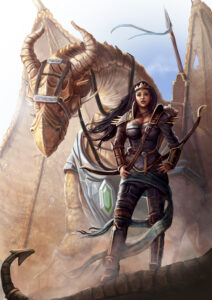 Dragon queen art work. A female dragon rider with her golden dragon. Fantasy art by The Noble Artist