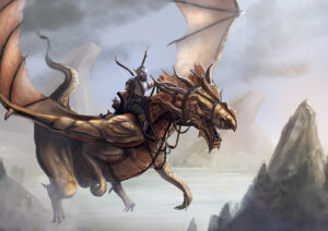 Dragon rider artwork. Knight on dragonback. Flying dragon champion art by The Noble Artist