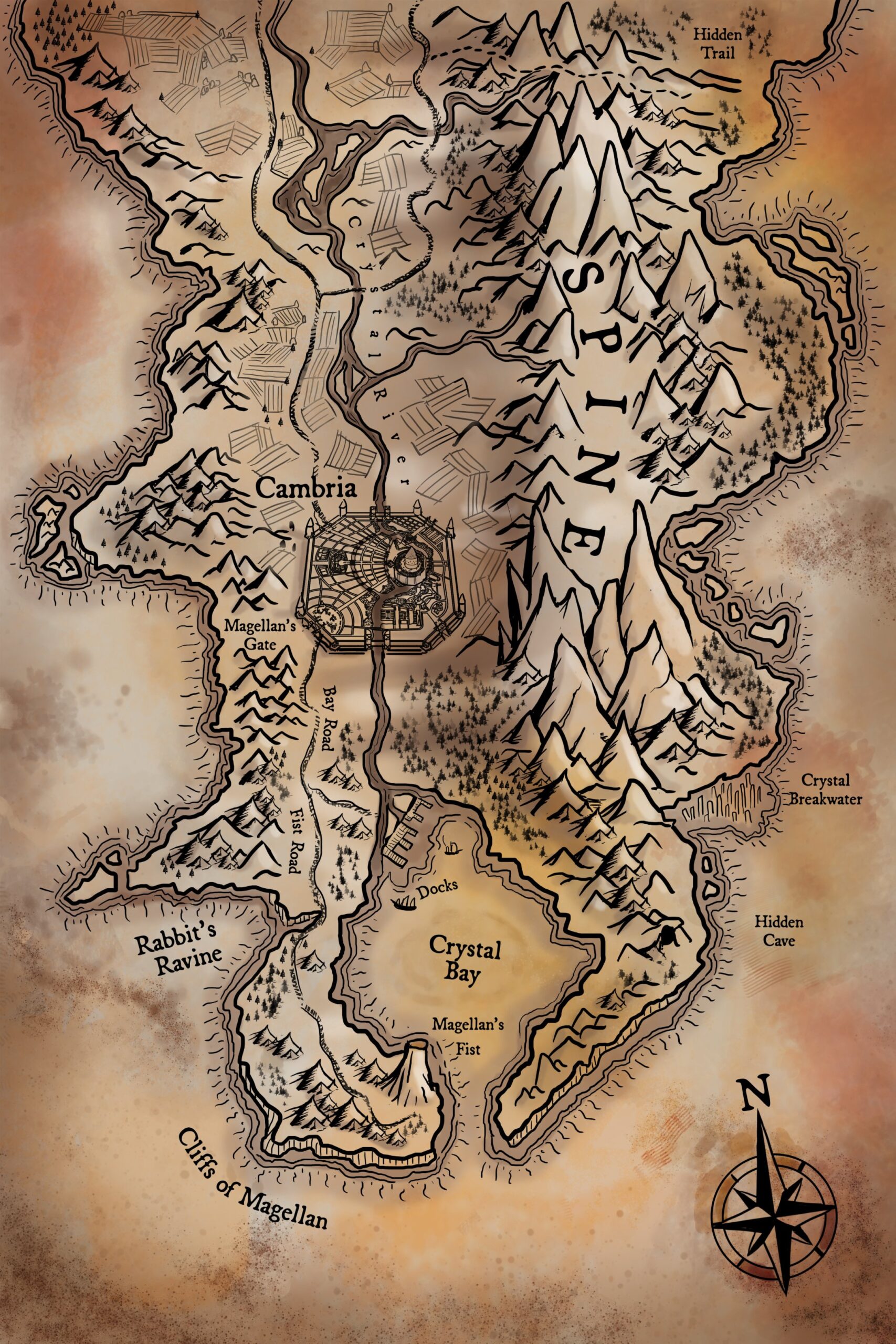 A fantasy map in sepia old style. Looks like a tolkien map. Art by the noble artist
