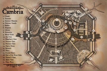A fantasy city map, fantasy cartography by The Noble Artist. Sepia old used looking map.