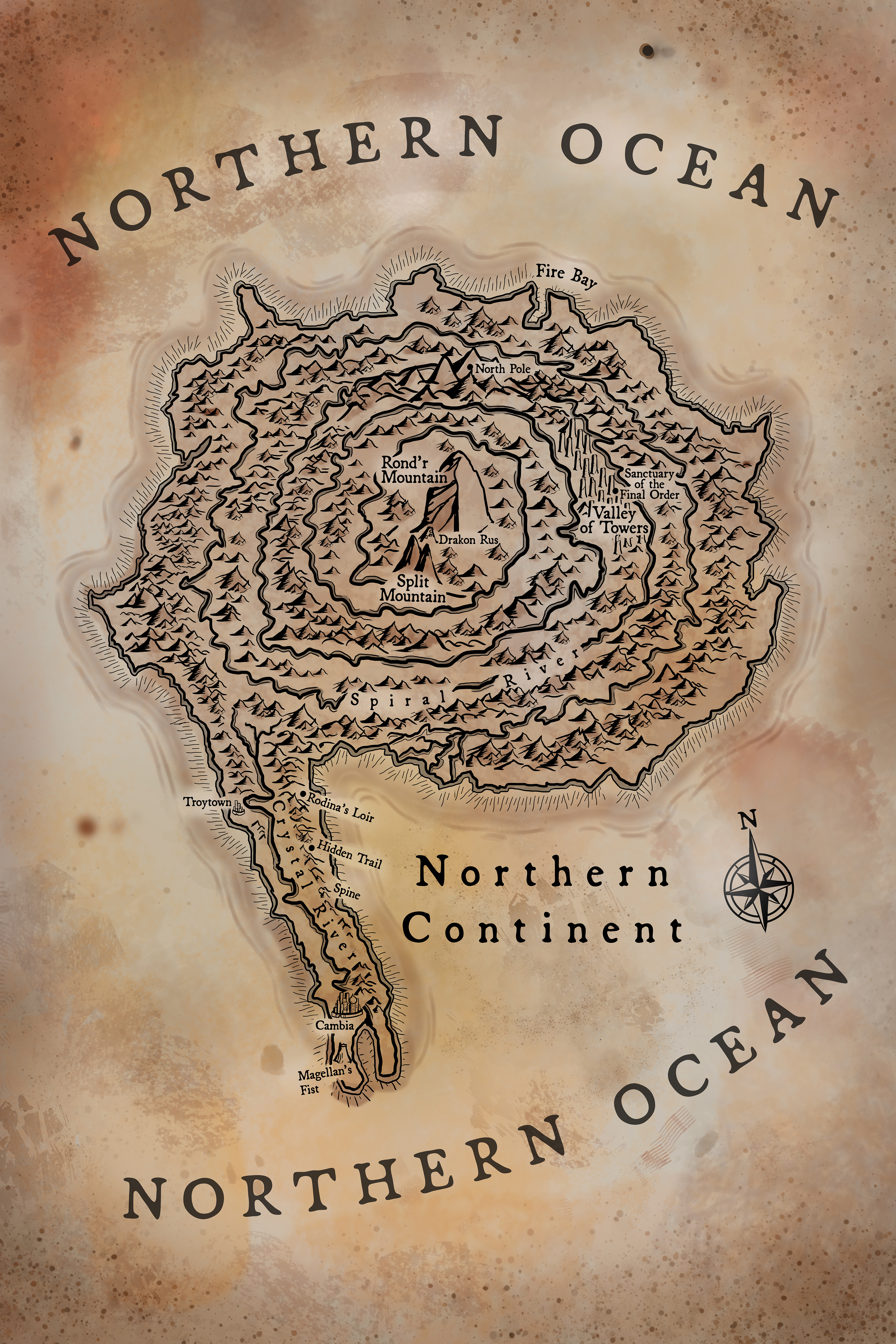 fantasy map if a SFF island. Cartography for a fantasy novel by Tobin Marks. Art by The Noble Artist
