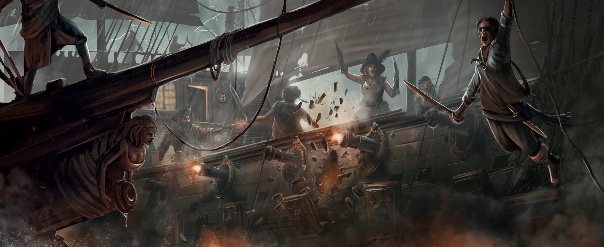 pirates broadsiding another ship. Pirate board game artwork by the noble artist