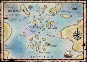 Fantasy map, pirate style map for ttrpg choose your own adventure game, Legendary Kingdoms. Art by The Noble Artist