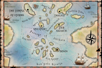 Fantasy map, pirate style map for ttrpg choose your own adventure game, Legendary Kingdoms. Art by The Noble Artist