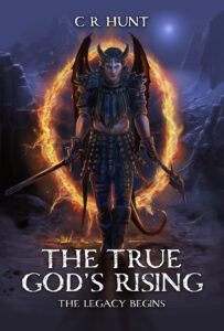 Fantasy book cover of a dungeons and dragons tiefling character emerging from a portal. Art by The Noble Artist