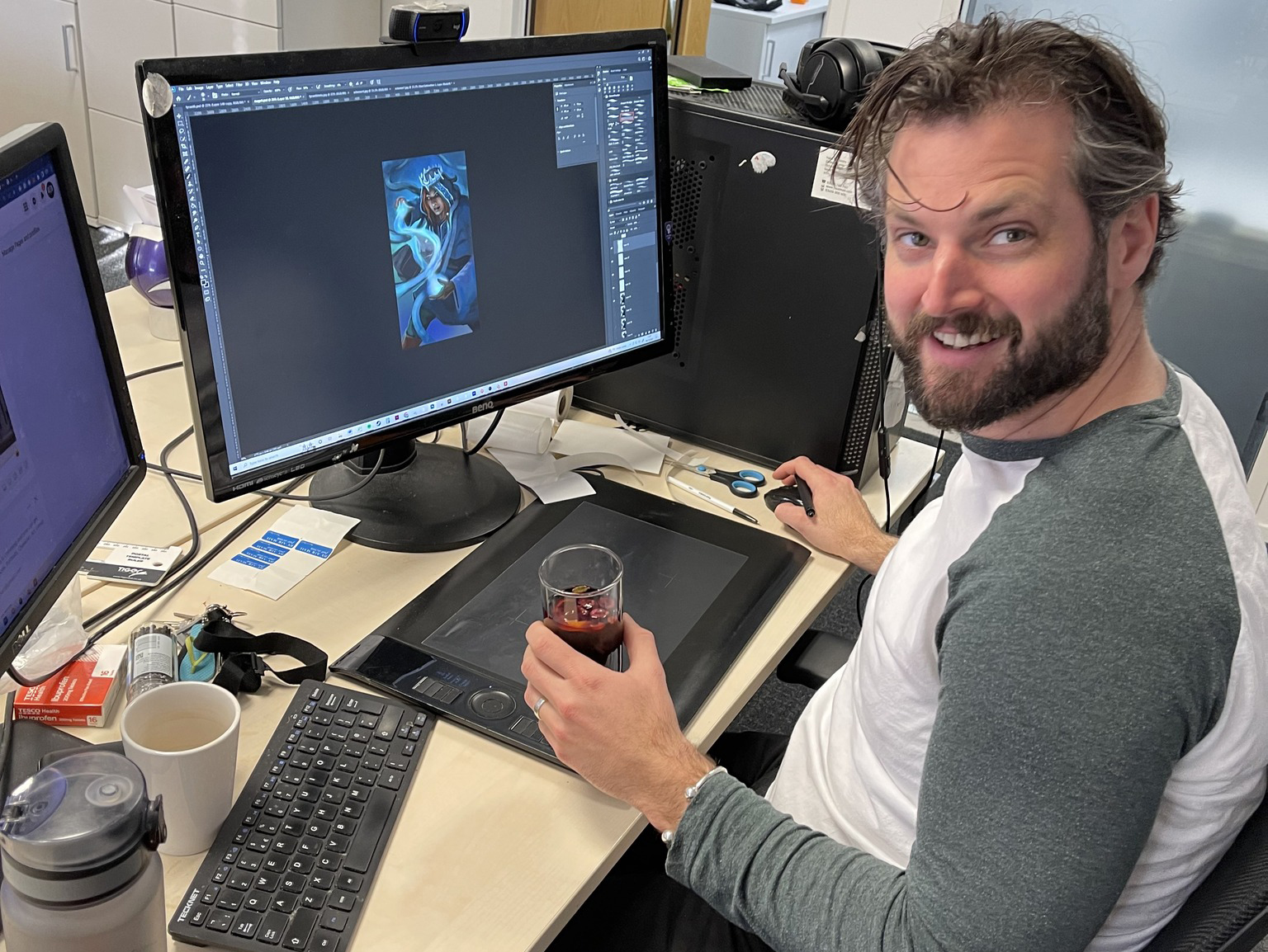 Jamie Noble Frier, The Noble Artist at his desk working on fantasy illustration