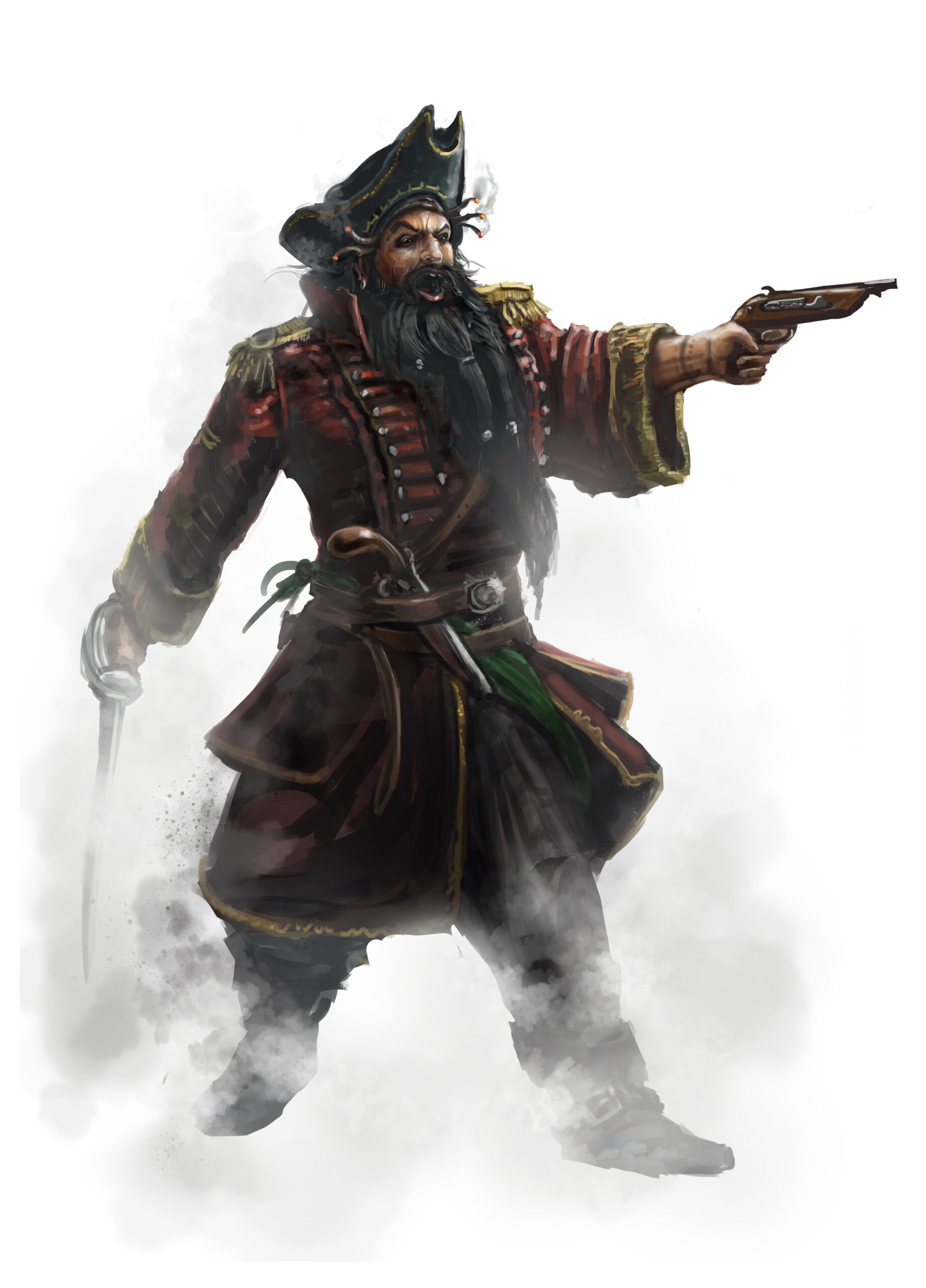 Blackbeard pirate art. Fantasy pirate. Edward Teach firing a gun