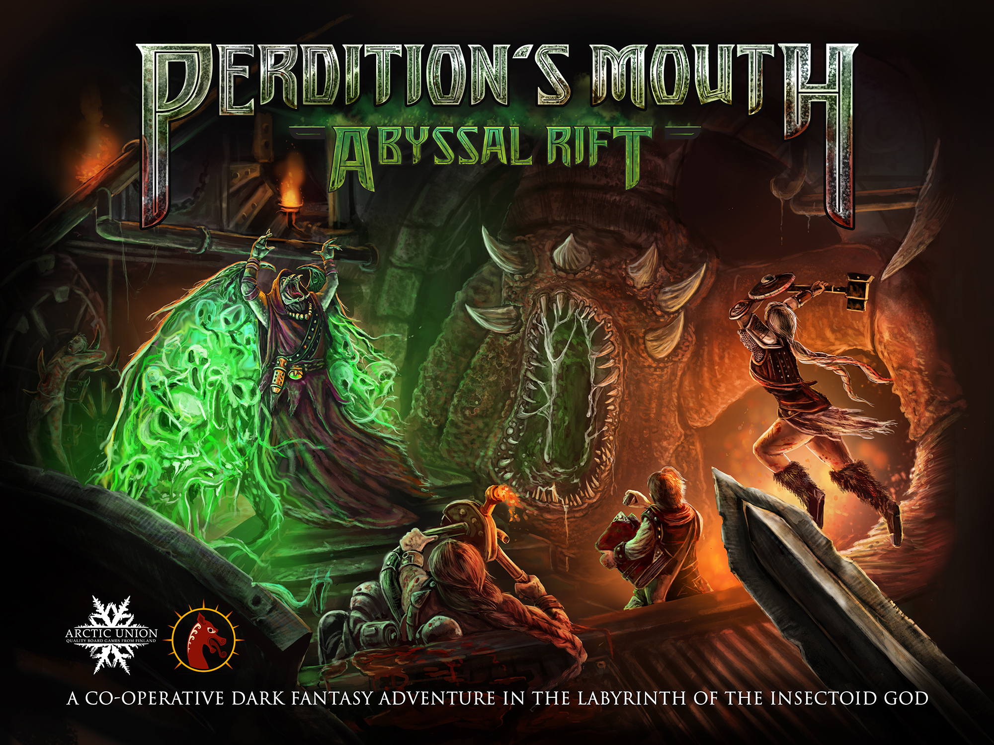 board game box cover for dungeon crawler. Artwork by The Noble Artist. Game is Perdition's Mouth