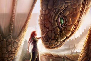 Dragon book cover. A woman strokes a dragons face as she befriends it. Art by The Noble Artist