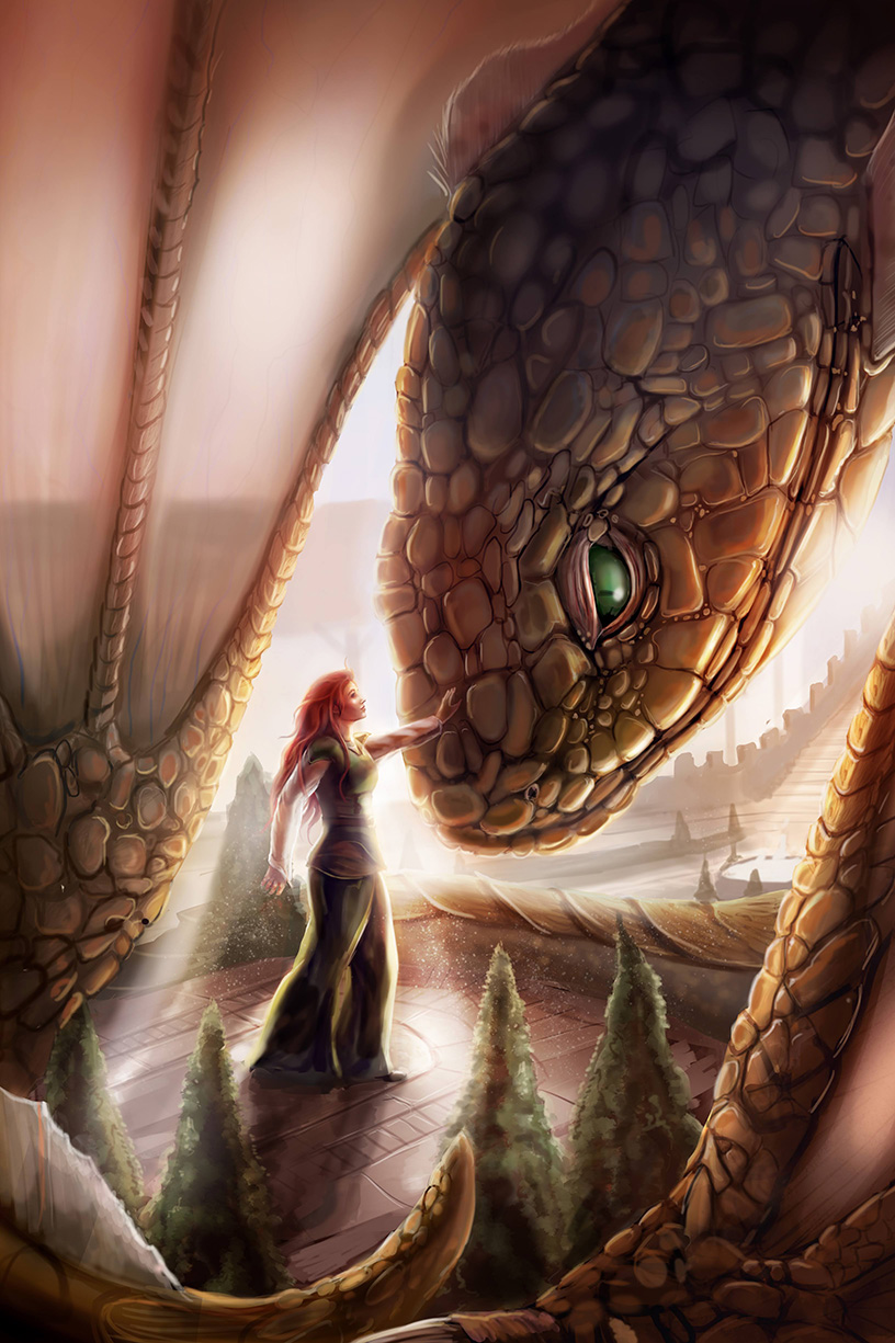 Dragon book cover. A woman strokes a dragons face as she befriends it. Art by The Noble Artist