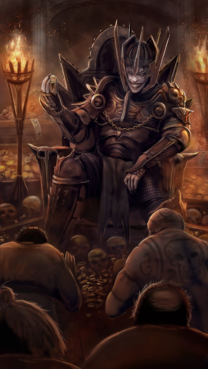 Scary tyrant fantasy artwork. Demon lord. Demon duke, Demon king. With bowing minions in a throne room. Fantasy horror art.