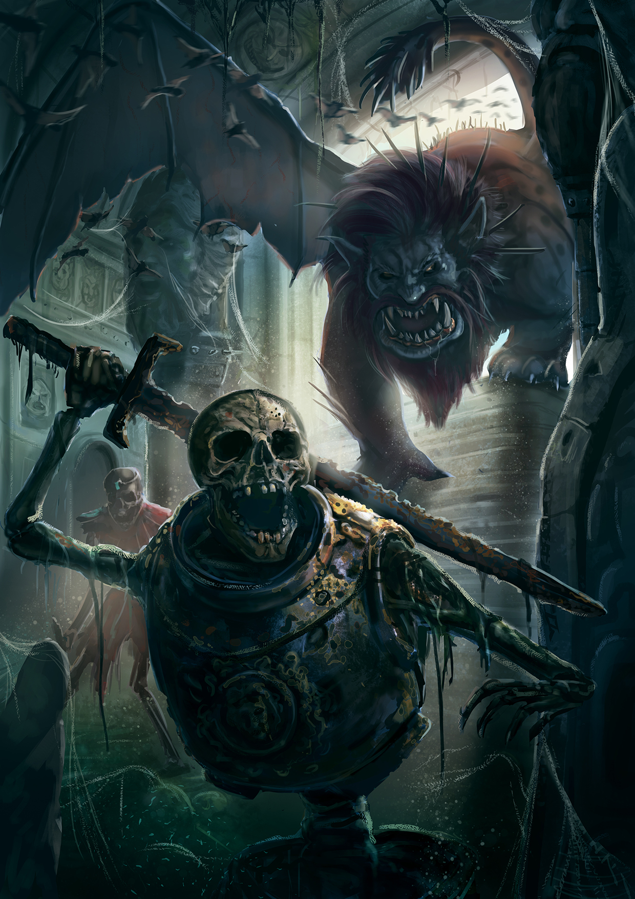 in this fantasy art illustration A Manitcore looms over the tomb of some skeleton warriors. Bats fly over head in this dungeons and dragons book cover.