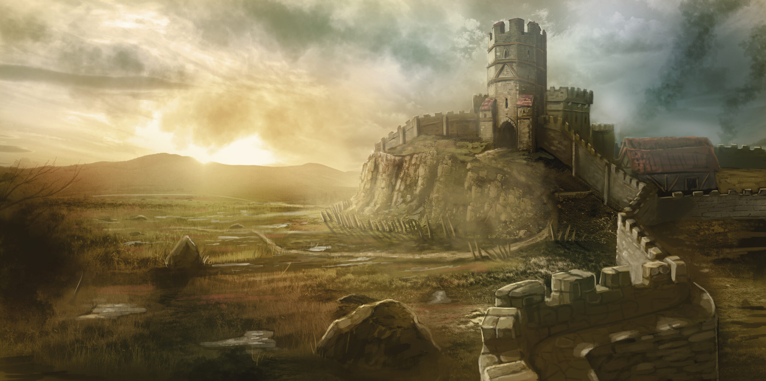 A castle on a hill for a fantasy landscape at dawn