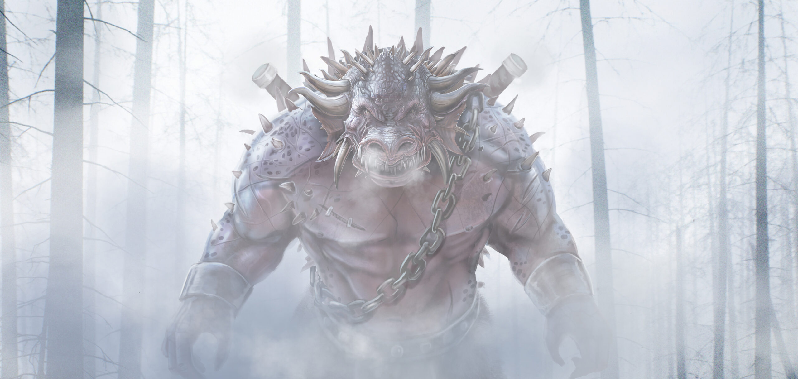 A powerful dragon warrior named Santorray in thick mist. Illustration by Jamie Noble Frier.